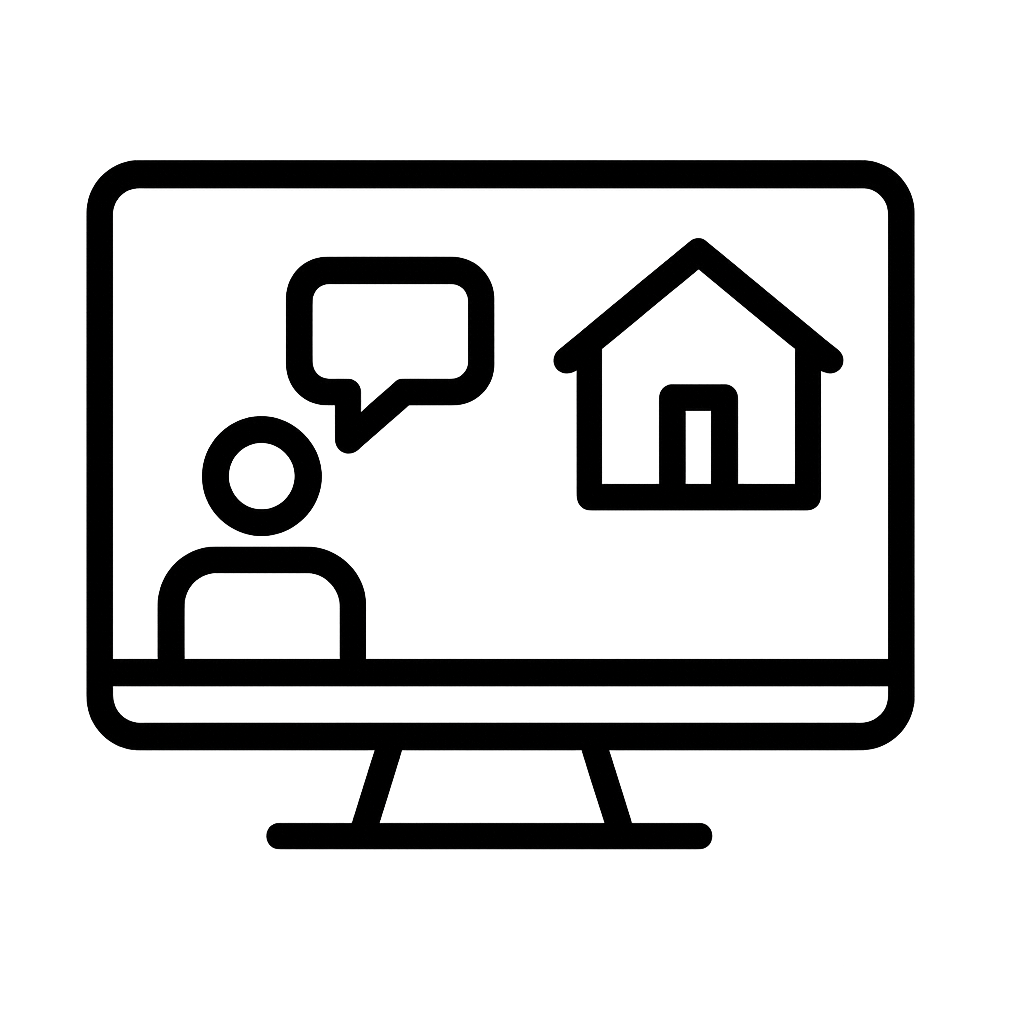 Sort-hvidt ikon i minimalistisk stil, der viser en computerskærm med et hus og en person på skærmen. Ikonet symboliserer online køberrådgivning og digital rådgivning.