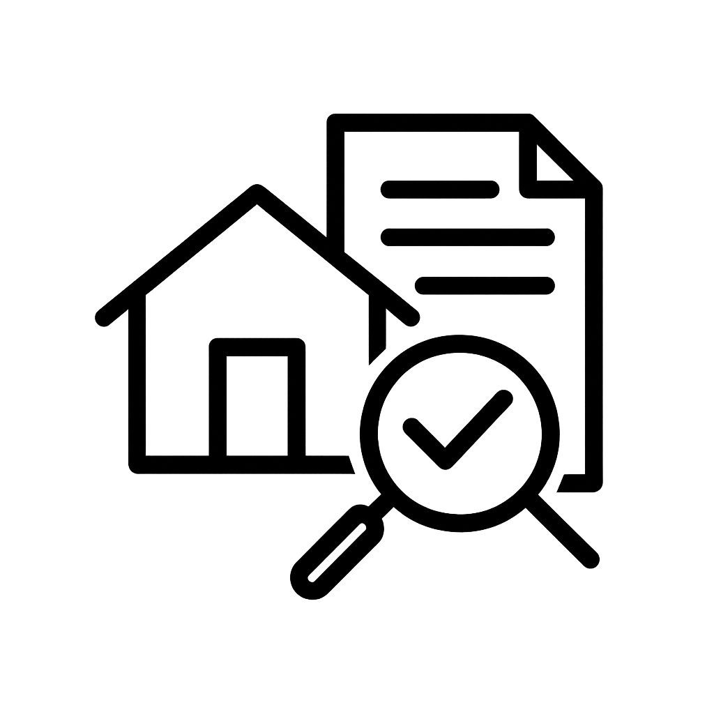 Ikon med hus og lup – gennemgang af bolig efter overtagelse til ejerskifteforsikring