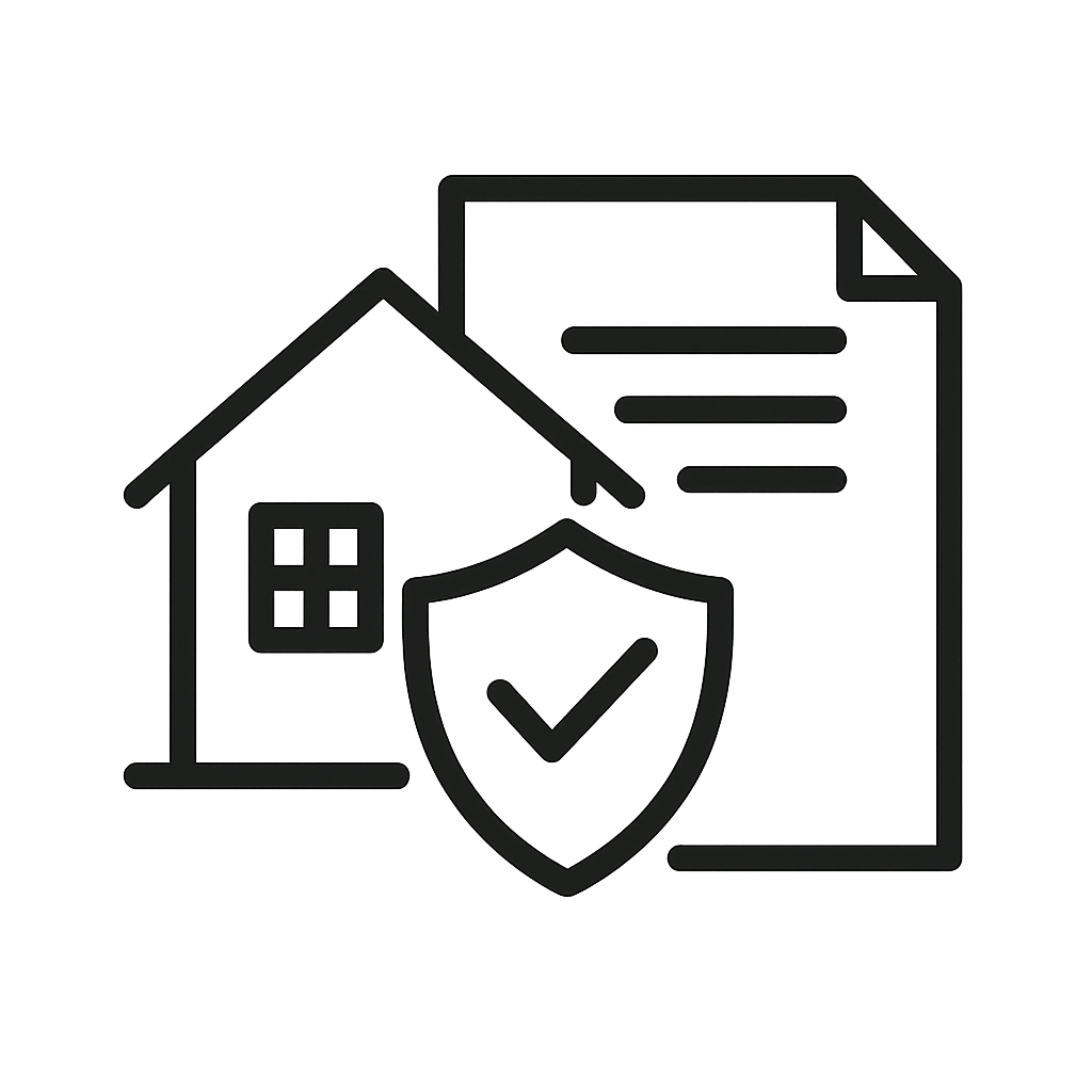 Ikon med hus og dokument – byggesagkyndig hjælp til forsikringssager og dokumentation