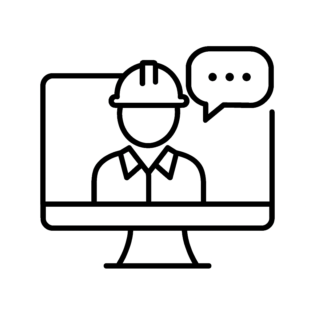 Ikon af byggesagkyndig på skærm – online byggesagkyndig rådgivning i hele Danmark